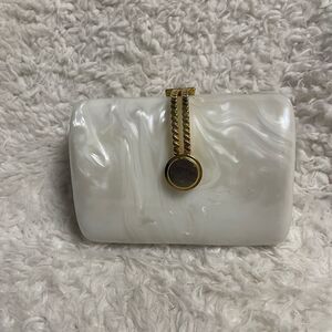 Elka acrylic pearlescent evening clutch crossbody bag gold tone snap latch.
